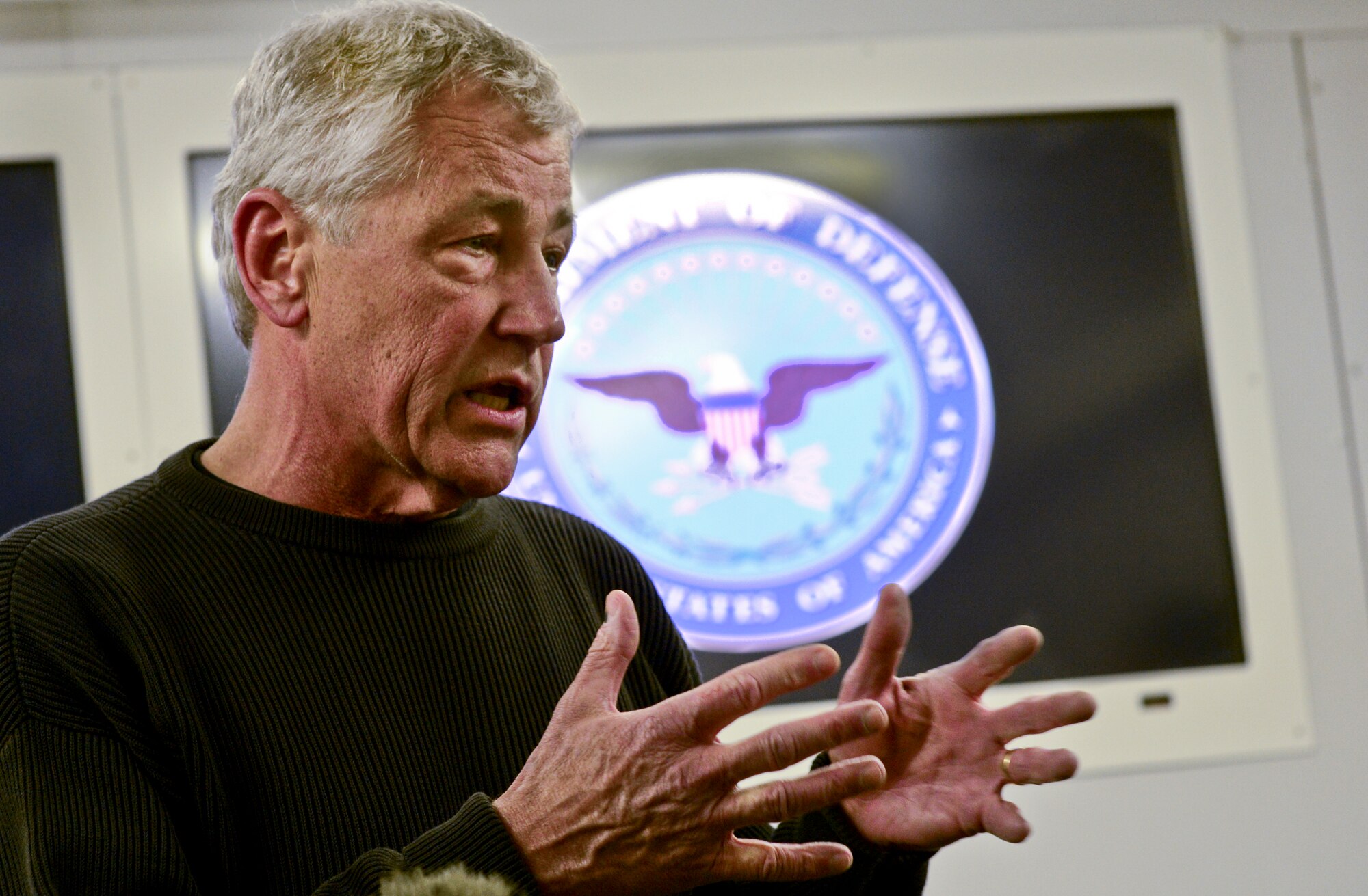 U.S. Defense Secretary Chuck Hagel briefs the press, March 7, 2013, en route to Afghanistan to thank troops during his first trip as the 24th secretary. (DOD photo by Erin A. Kirk-Cuomo/Released)  
