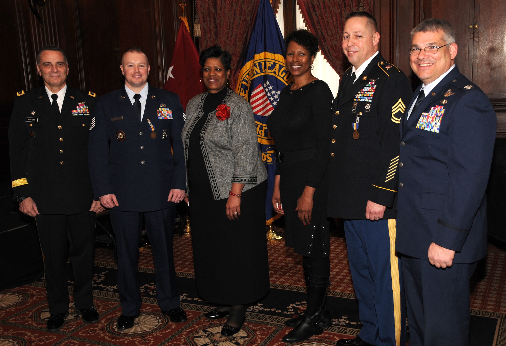 Pa. Deputy Adjutant General-Army, Maj. Gen. Randall R. Marchi (left), Tech. Sgt. Kevin Watson, recruiter, 111th Fighter Wing, Phyllis Brantley, chief of diversity and special programs with the National Guard Bureau, Chief Master Sgt. (ret.) Melvene Lanier, Sgt. 1st Class Bruce E. Facer, Sr., readiness non-commissioned officer, Bravo Company, 628th Aviation Support Battalion and Pa. Deputy Adjutant General-Air, Col. Anthony J. Carrelli gather at the close of the 2013 Octavius V. Catto Medal held at the Union League in Philadelphia on Feb. 23.