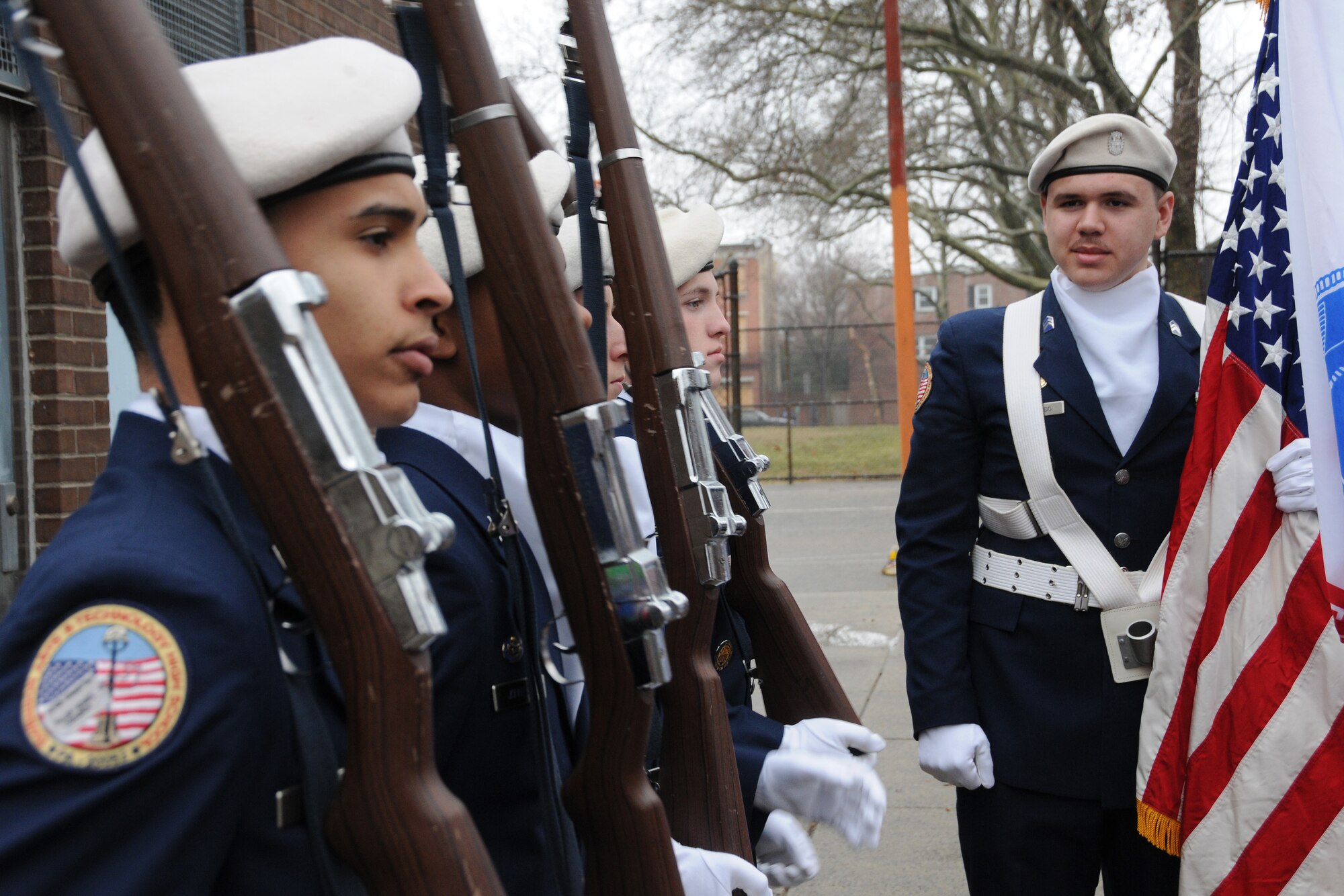 On Feb. 23, color guard members from the Air Force Jr. ROTC program of the Swenson Arts and Technology High School in Philadelphia, stand fast as a 21-gun salute cracks the morning air during the 18th annual Octavius V. Catto ceremony in Center City Philadelphia. Shown left is Joey Baez (color guard commander), Noah Johnson, Sean Hydock, Sam Rinear and checking alignment overtop is Wallace Lugardo.