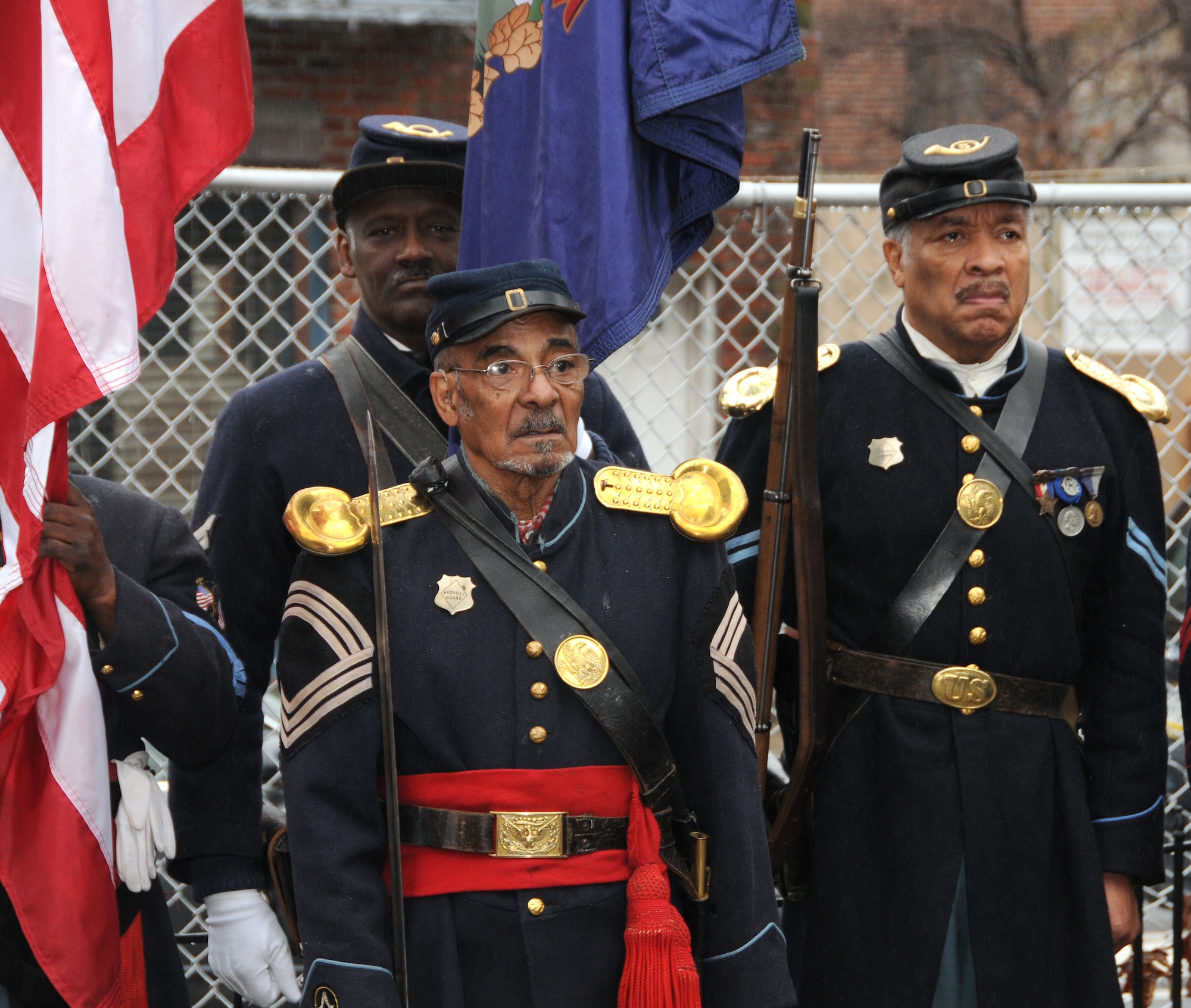Members of the 3rd Regiment U.S. Colored troops stand guard during the wreath laying ceremony honoring fallen Army Guardsman, Maj. Octavius V. Catto on Feb. 23. Catto was assassinated in 1871 near his home, in what is now considered Old City Philadelphia. Soldiers of the 3rd Regiment can be regularly seen through the region wearing period-correct uniforms at parades, events and commemorations.