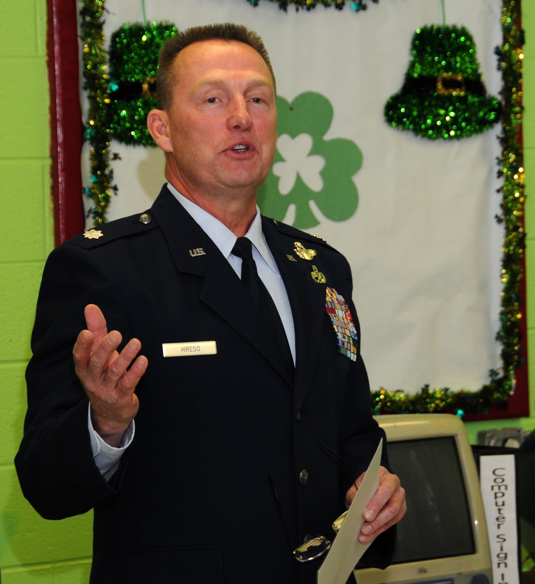 Lt. Col. Scott Hreso, vice-air commander of the 111th Fighter Wing, speaks to a standing room only audience on Feb. 23 at the 18th annual O.V. Catto Memorial Ceremony held at the Star Gardens Recreation Center at 6th and Lombard streets in
Philadelphia. Hreso spoke to the attendees about the positive leadership and commitment Catto demonstrated nearly 150 years ago.