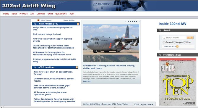 The 302nd Airlift Wing's public website, www.302aw.afrc.af.mil, won Best Public Website in the Air Force Reserve Command's 2012 Media Contest. Two members of the 302nd AW's Public Affairs team also won individual awards in the 2012 contest. (U.S. Air Force graphic/Ann Skarban)