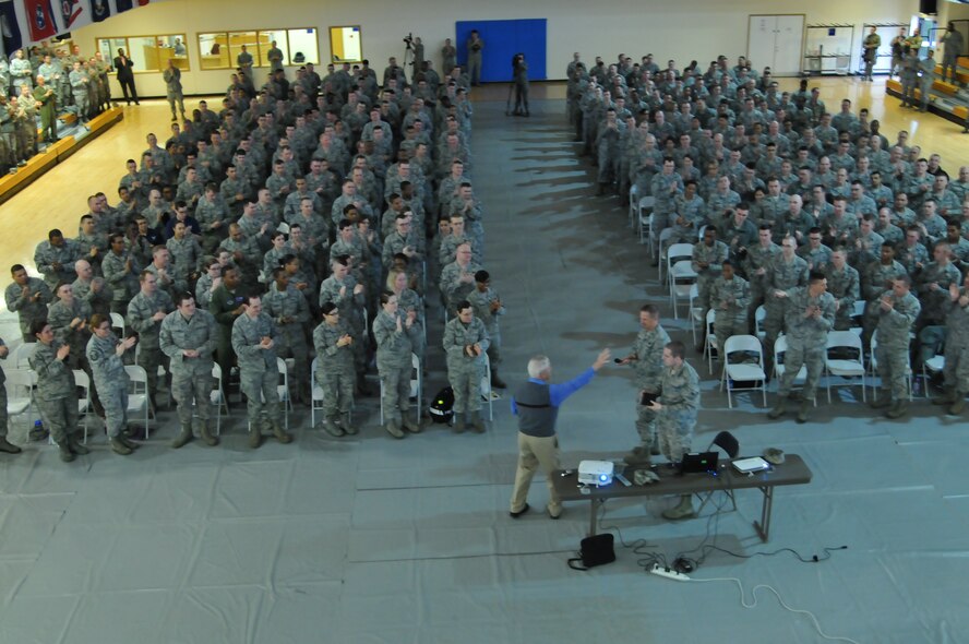 Team Mildenhall gathers to hear Chief Master Sgt. of the Air Force. Bob Gaylor, fifth CMSAF, speak during an enlisted call March 6, 2013, at the Hardstand Fitness Center at RAF Mildenhall, England. Gaylor spoke about the changes he has seen in the Air Force and his hopes for the future of the service. (U.S. Air Force photo by Airman 1st Class Kelsey Waters/Released)
