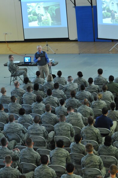 Chief Master Sgt. of the Air Force. Bob Gaylor, fifth CMSAF, shares his memories and experiences of his time serving in the U.S. Air Force with Airmen currently serving during an enlisted call March 6, 2013, at the Hardstand Fitness Center, RAF Mildenhall, England. Gaylor spoke about the “four Ts:” Training, Tribe, Technology and Trust. He reflected on how they applied during his time in the Air Force and how they still apply in the Air Force of today. (U.S. Air Force photo by Airman 1st Class Kelsey Water/Released)