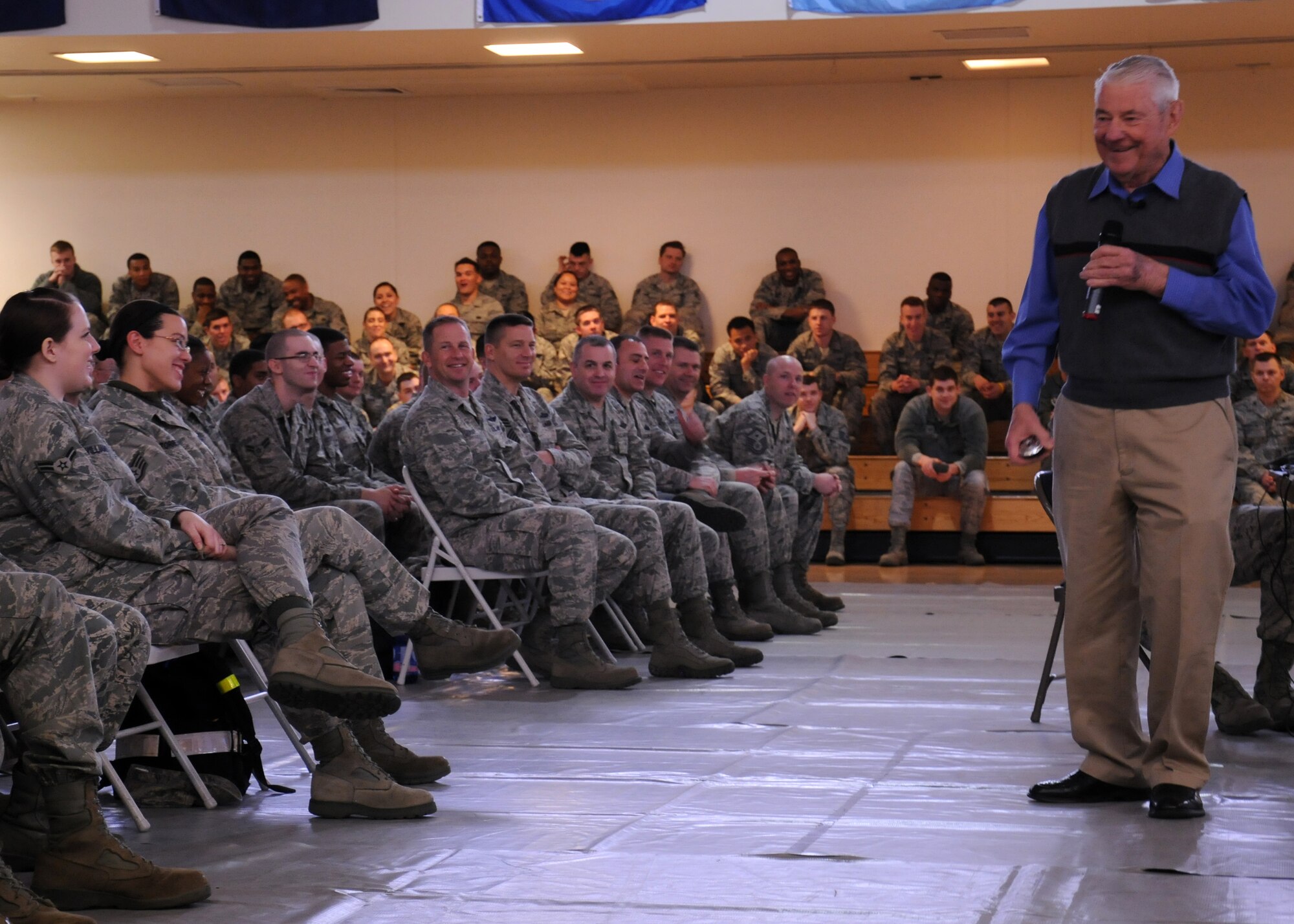 Team Mildenhall gathers together to hear retired Chief Master Sgt. of the Air Force Bob Gaylor, fifth CMSAF, speak during an enlisted call March 6, 2013, at the Hardstand Fitness Center at RAF Mildenhall, England. Gaylor spoke about the changes he has seen in the Air Force and his hopes for the future of the service. (U.S. Air Force photo by Airman 1st Class Dillon Johnston/Released)