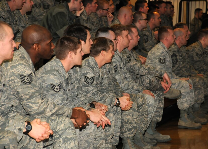 Team Mildenhall Airmen listen to retired Chief Master Sgt. of the Air Force Bob Gaylor, fifth CMSAF, speak during an enlisted call March 6, 2013, at the Hardstand Fitness Center, RAF Mildenhall, England. Gaylor spoke about his time in the Air Force and his hopes for the future of the service he was a part of for 46-and-a-half years. (U.S. Air Force photo by Gina Randall/Released)