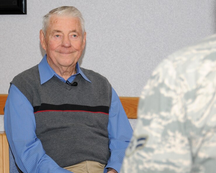 Retired Chief Master Sgt. of the Air Force Bob Gaylor, fifth CMSAF, is interviewed by Airman 1st Class Dillon Johnston, 100th Air Refueling Wing Public Affairs photojournalist from Alameda, Calif., March 6, 2013, at the Hardstand Fitness Center, RAF Mildenhall, England. Gaylor answered questions about his time in the Air Force and his hopes for the future of the service he was a part of for 46-and-a-half years. (U.S. Air Force photo by Gina Randall/Released)