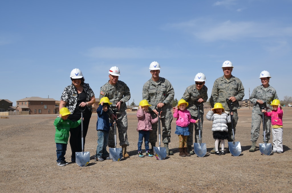 HOLLOMAN AIR FORCE BASE, N.M., -- Participants in the Ground Breaking Ceremony, left to right:
Ms. Lisamarie Mariglia, Director, Child Development Center; Maj. Gary Bonham, deputy commander, Albuquerque District; Lt. Col. Donald Ohlemacher, commander, 49th Civil Engineer Squadron; Lt. Col. Caryn Kirkpatrick, commander, 49th Support Squadron; Col. Kevin Bennett, commander, 49th Mission Support Group; and Chief Master Sgt. Rowe representing the 49th support squadron wing.
