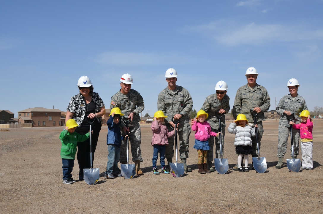 HOLLOMAN AIR FORCE BASE, N.M., -- Participants in the Ground Breaking Ceremony, left to right:
Ms. Lisamarie Mariglia, Director, Child Development Center; Maj. Gary Bonham, deputy commander, Albuquerque District; Lt. Col. Donald Ohlemacher, commander, 49th Civil Engineer Squadron; Lt. Col. Caryn Kirkpatrick, commander, 49th Support Squadron; Col. Kevin Bennett, commander, 49th Mission Support Group; and Chief Master Sgt. Rowe representing the 49th support squadron wing.

