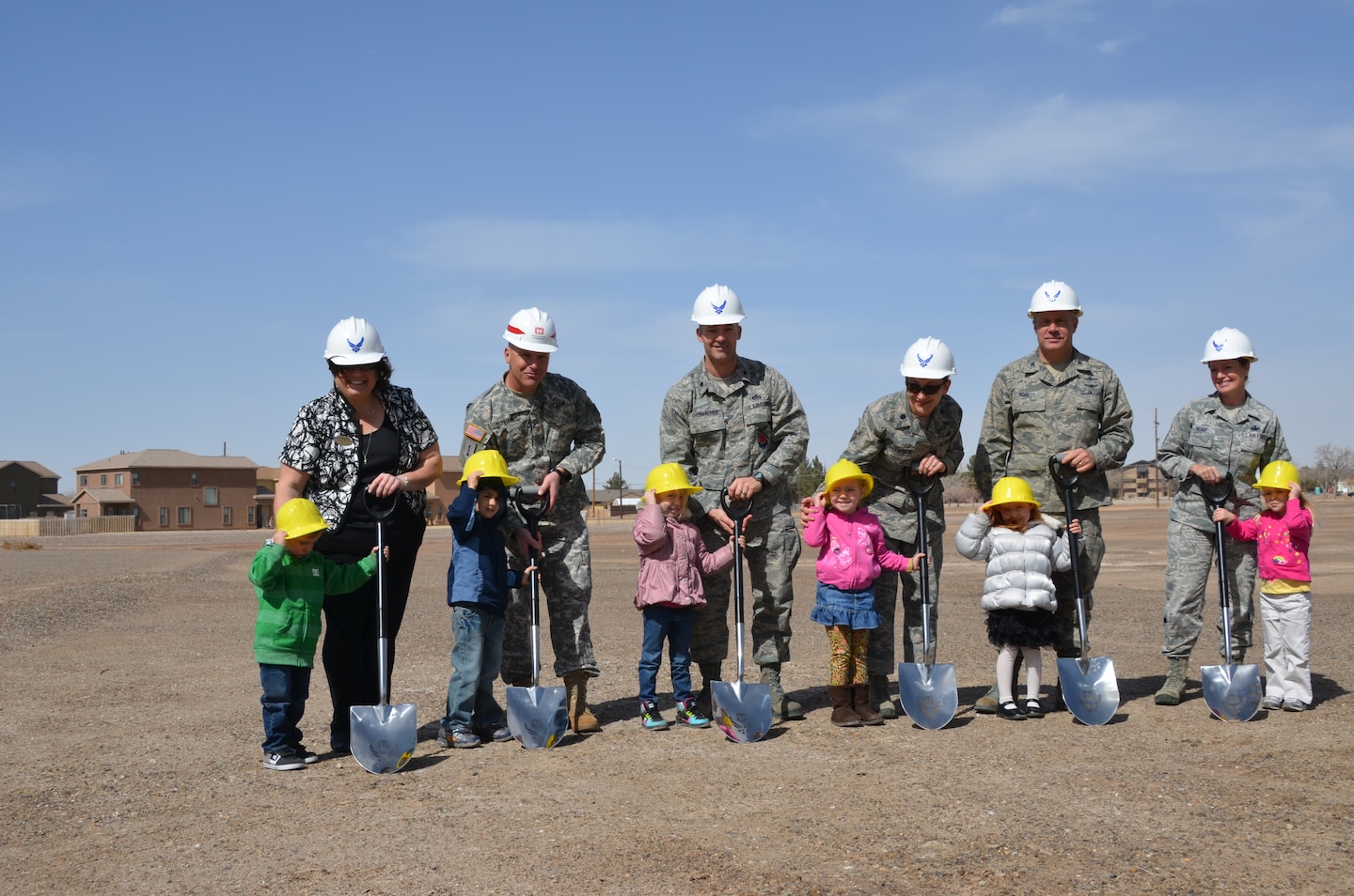 HOLLOMAN AIR FORCE BASE, N.M., -- Participants in the Ground Breaking Ceremony, left to right:
Ms. Lisamarie Mariglia, Director, Child Development Center; Maj. Gary Bonham, deputy commander, Albuquerque District; Lt. Col. Donald Ohlemacher, commander, 49th Civil Engineer Squadron; Lt. Col. Caryn Kirkpatrick, commander, 49th Support Squadron; Col. Kevin Bennett, commander, 49th Mission Support Group; and Chief Master Sgt. Rowe representing the 49th support squadron wing.
