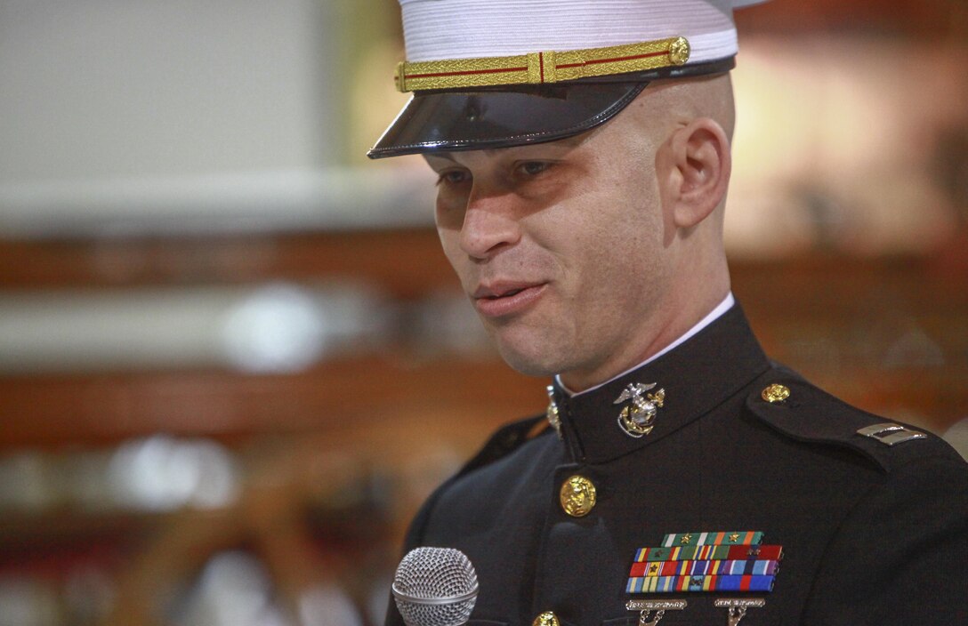 Capt. Jacob Maslyn, a native of Newark, N.Y., the 1st Marine Corps District adjutant, gives a speech during his retirement ceremony in Uniondale, N.Y., March 9.  Maslyn served 20 faithful years in the United States Marine Corps. (Official U.S. Marine Corps photo by Sgt. Caleb Gomez)
