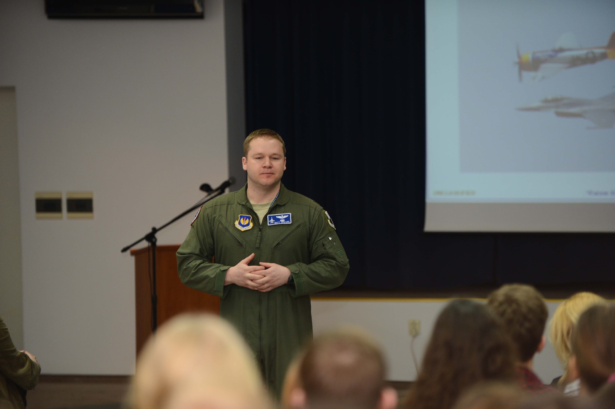 POWIDZ AIR BASE, Poland — U.S. Air Force Maj. Matthew Spears, commander of the Aviation Detachment 1, 52nd Operations Group, briefs nearly 100 students from the Zespol school district on the recent activation of the Av-Det during a community outreach day at Powidz Air Base, Poland, March 8, 2013. The Av-Det was activated in October 2012 after a Memorandum of Understanding was signed by the Polish Defense Minister authorizing a U.S. continued presence in the region. More than 60 U.S. Military personnel and aircraft from Ramstein Air Base, Germany was in Poland to support Exercise Screaming Eagle V, a bilateral exercise promoting defense ties in the spirit of the 2008 U.S.-Polish Declaration on Strategic Cooperation.  (U.S. Air Force photo/Tech. Sgt. Kenya Shiloh)(released)