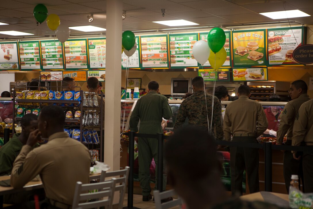 Subway gave away 500 free submarine sandwiches to Marines to celebrate the re-opening of the flight line food court aboard Marine Corps Air Station Miramar, Calif., March 8. Subway was one of three new food choices that were put into the food court during the renovations.