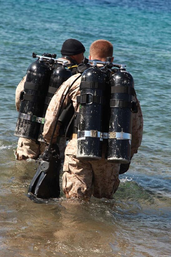 Marines with Reconnaissance Platoon, Battalion Landing Team 3/5, 15th Marine Expeditionary Unit, enter the water during a scuba training exercise, Feb. 24. The 15th MEU is deployed as part of the Peleliu Amphibious Ready Group as a U.S. Central Command theater reserve force, providing support for maritime security operations and theater security cooperation efforts in the U.S. 5th Fleet area of responsibility. (U.S. Marine Corps photo by Cpl. John Robbart III/Released)