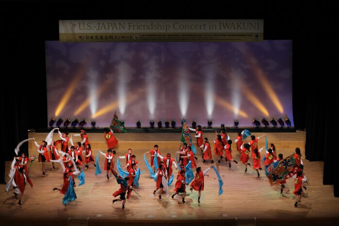 Iwakuni Municipal Kawashimo Elementary School students perform the “Sohran Folk Dance,” during the U.S.-Japan Friendship Concert, which
took place inside the Sinfonia Iwakuni, March
2, 2013. The concert consisted of multiple songs and performances by several local Japanese schools and Matthew C. Perry Elementary and High School students.