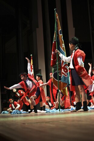 Iwakuni Municipal Kawashimo Elementary School students perform the “Sohran Folk Dance” during
the U.S.-Japan Friendship Concert, which took place inside the Sinfonia Iwakuni, March 2, 2013. The concert consisted of multiple songs and performances by several local Japanese schools and Matthew C. Perry Elementary and High School students.