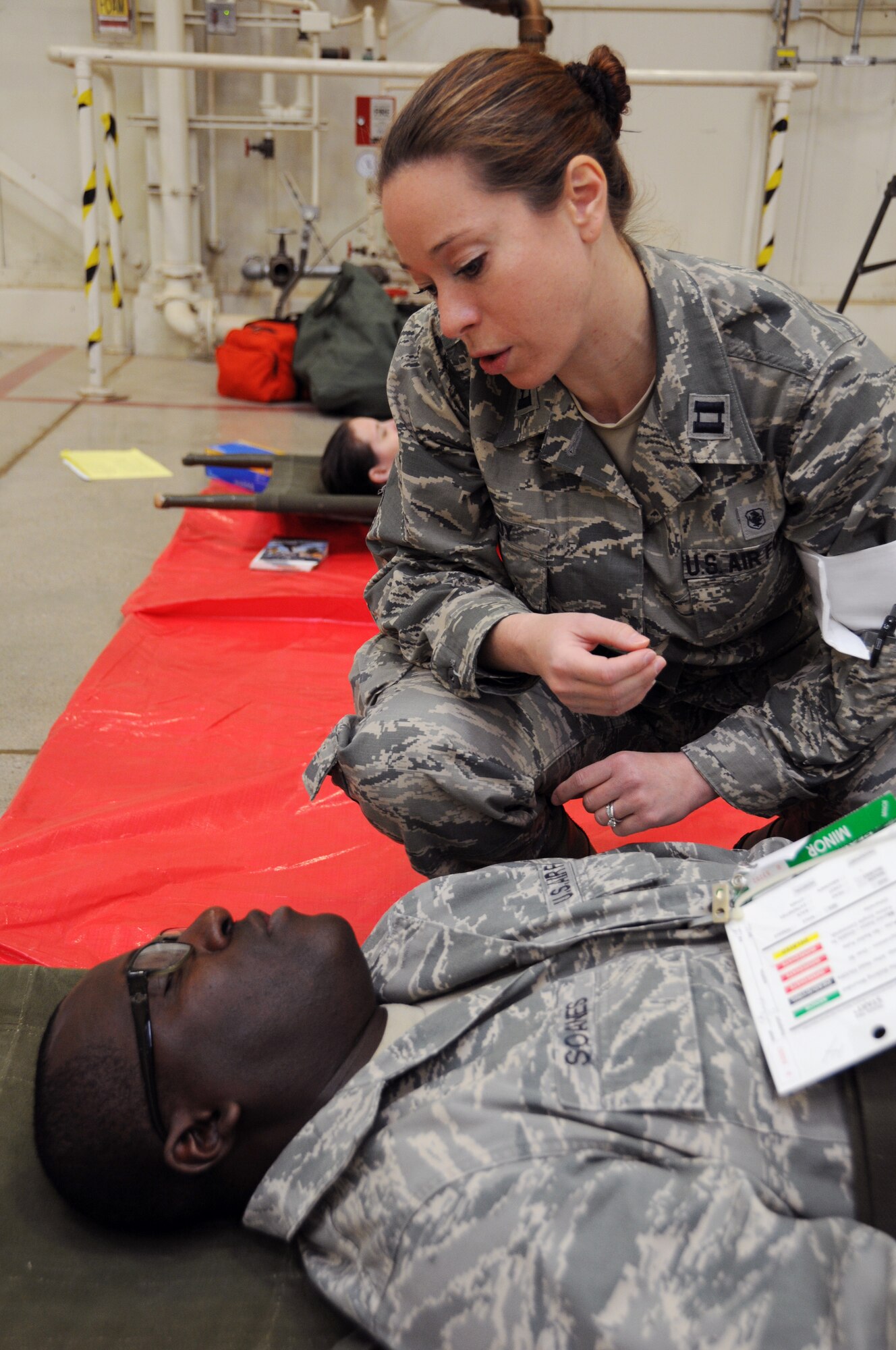 Personnel from the 944th Aeromedical Staging and Medical squadrons recently participated in an annual Medical Readiness Mass Causality exercise here. The purpose of the exercise was to evaluate the two unit’s emergency response plans and capabilities response to mass causality and natural disaster events. The event also served as a “stop-action” teaching aid for patient triage, movement and Unit Control Center producers.  (U.S. Air Force photo/Staff Sgt. Joshus Nason) 