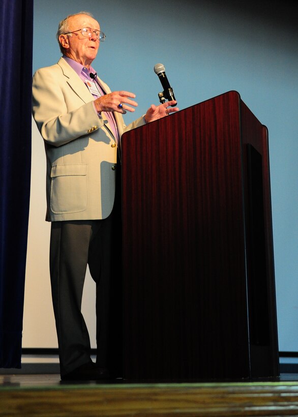 Maj. Gen. (ret.) Patrick Halloran, one of the first pilots of the U-2 and SR-71, speaks at the 1st Reconnaissance Squadron Centennial Symposium March 8, 2013, at Beale Air Force Base, Calif. Halloran gave vivid descriptions of missions during the Cold War, training and being commander of the 1st RS. (U.S. Air Force photo by Senior Airman Shawn Nickel/Released) 