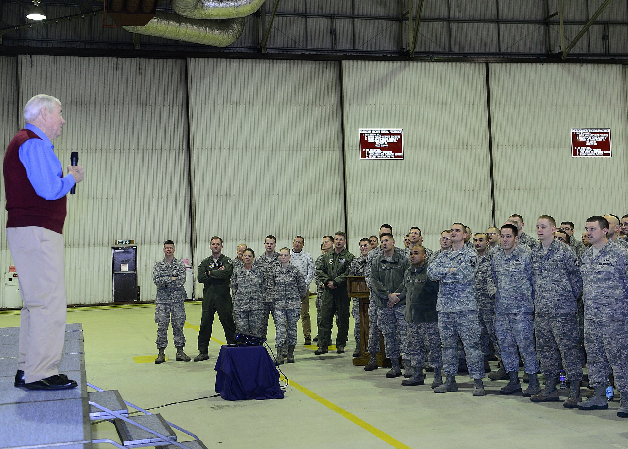 ROYAL AIR FORCE LAKENHEATH, England -- Retired Chief Master Sgt. of the Air Force Robert Gaylor shares his experiences of his time serving in the U.S. Air Force with Liberty Airmen during an enlisted call March 8, 2013. Gaylor compared today's Air Force to the one he served in by using "four Ts": training, tribe, technology and trust. (U.S. Air Force photo by Staff Sgt. Stephanie Mancha)