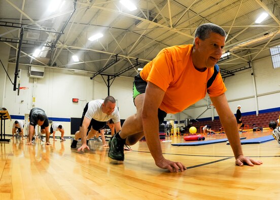 ALTUS AIR FORCE BASE, Okla. – Allen Sasse, 97th Training Squadron honorary commander, exercises at the base fitness center as a part of Altus AFB’s first Honorary Commander Boot Camp, March 8. Sasse and other honorary commanders participated in the boot camp to experience a day in the life of an Airman, and to learn about the history and traditions of the U.S. Air Force. The Honorary Commander program fosters and strengthens the friendship and partnership between the base and surrounding community.  (U.S. Air Force photo by Airman 1st Class Levin Boland / Released)