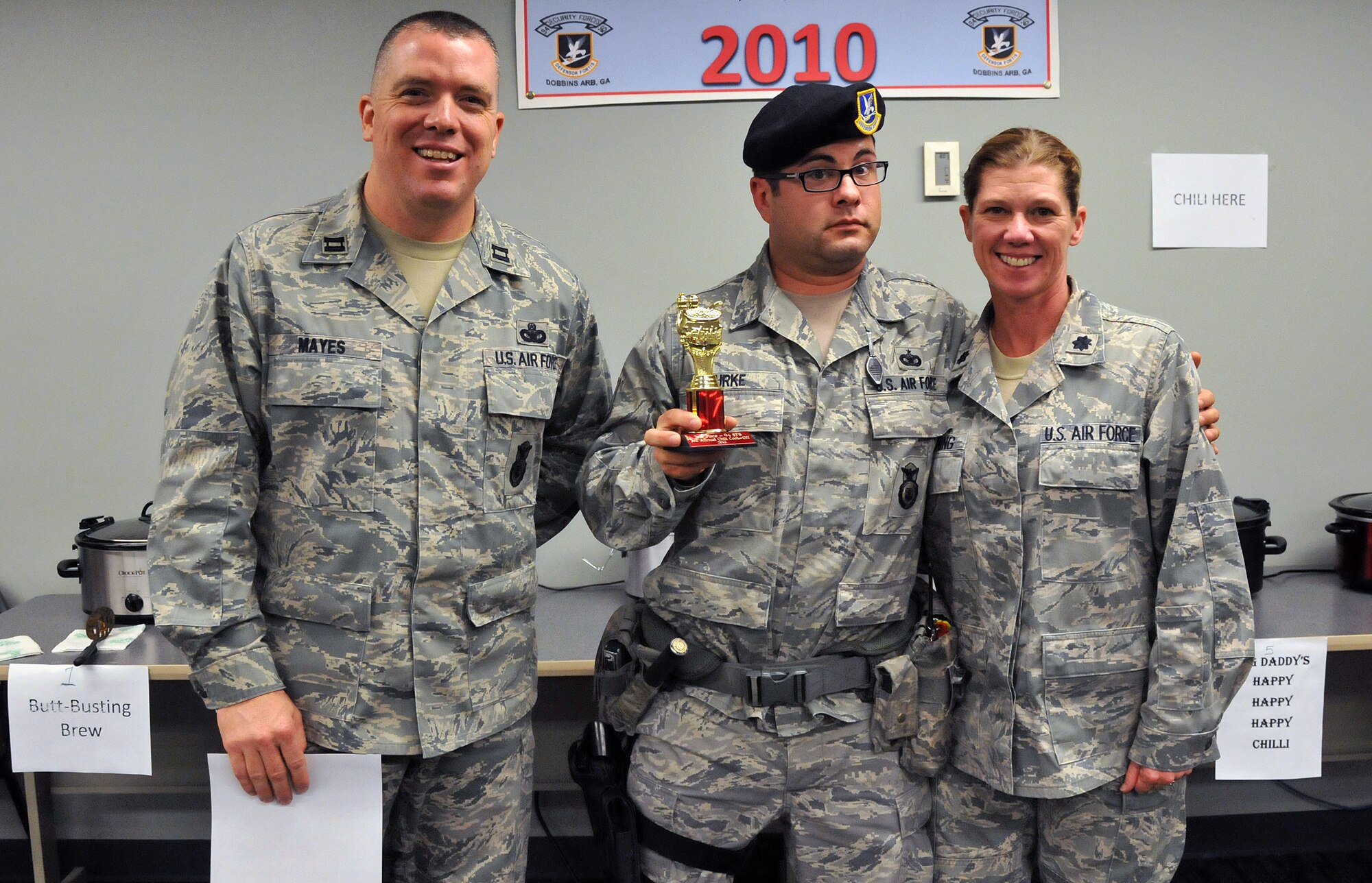 Taking second place is Staff Sgt. William Burke’s “Boom Boom” chili in a close race. The Third Annual 94th Security Forces Squadron Chili Cook-off was guarded against tampering at the 94th SFS building on Dec. 12. (U.S. Air Force photo/Senior Airman Elizabeth Van Patten)