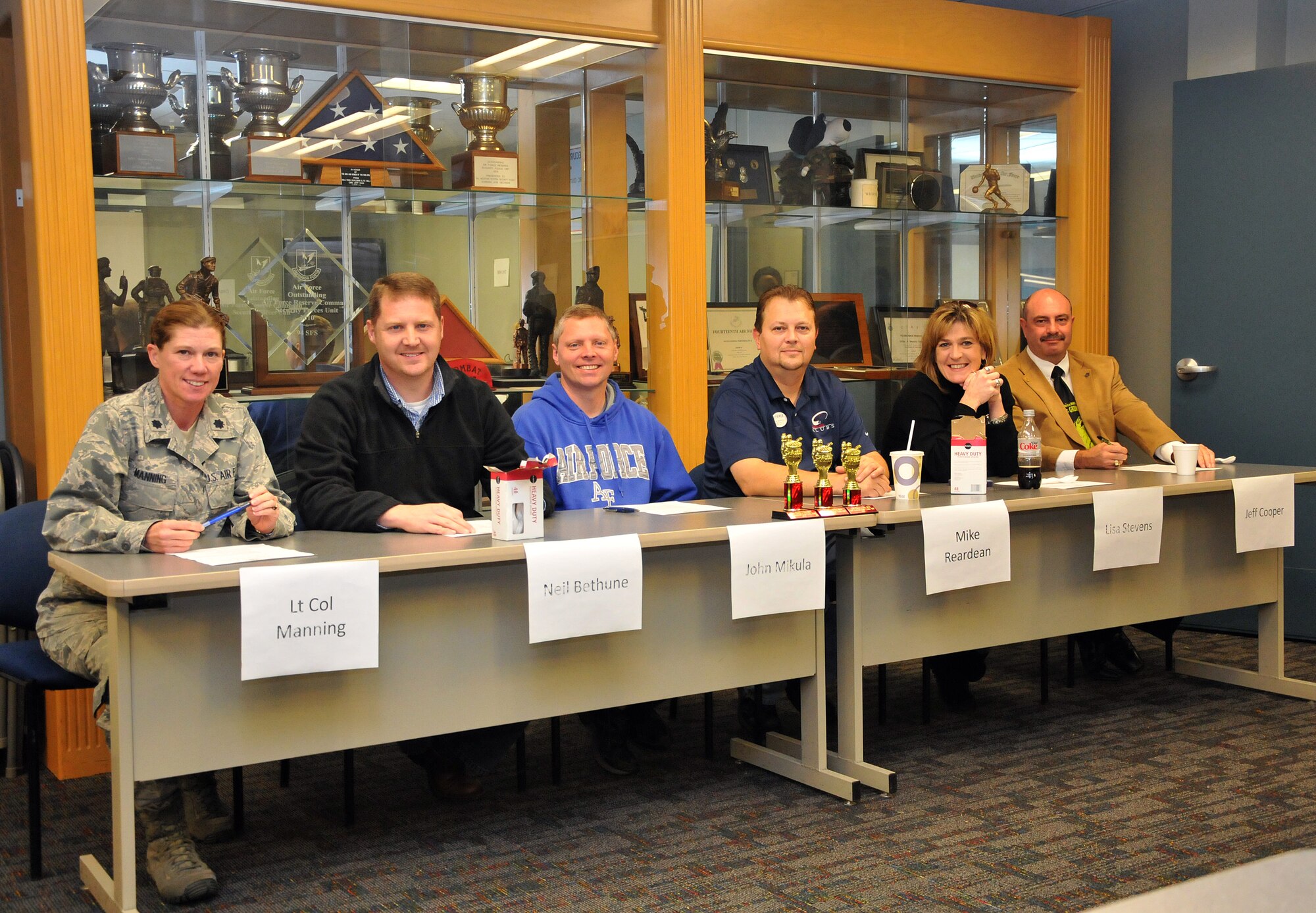 A panel of six celebrity judges were not permanently harmed in the judging of this event. The Third Annual 94th Security Forces Squadron Chili Cook-off was guarded against tampering at the 94th SFS building on Dec. 12. (U.S. Air Force photo/Senior Airman Elizabeth Van Patten)