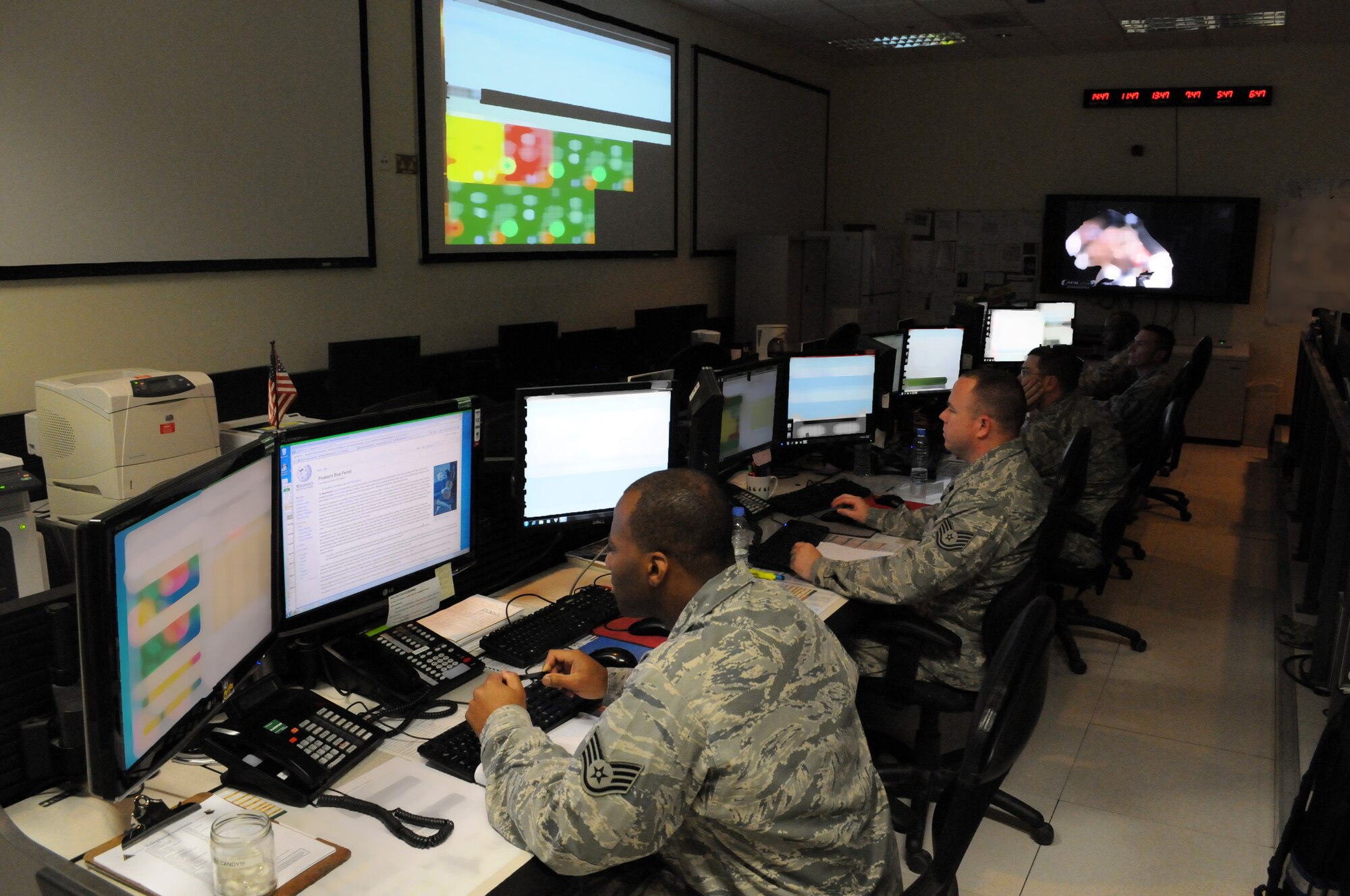The 379th Expeditionary Maintenance Group Maintenance Operations Center manages all maintenance operations for units assigned to the 379th Air Expeditionary Wing, ranging from scheduling maintenance, preventing loss of covering by staggering non-maintenance activities, and upchanneling important information to appropriate leadership to make informed operational decisions. (U.S. Air Force photo/Master Sgt. Christian Michael)