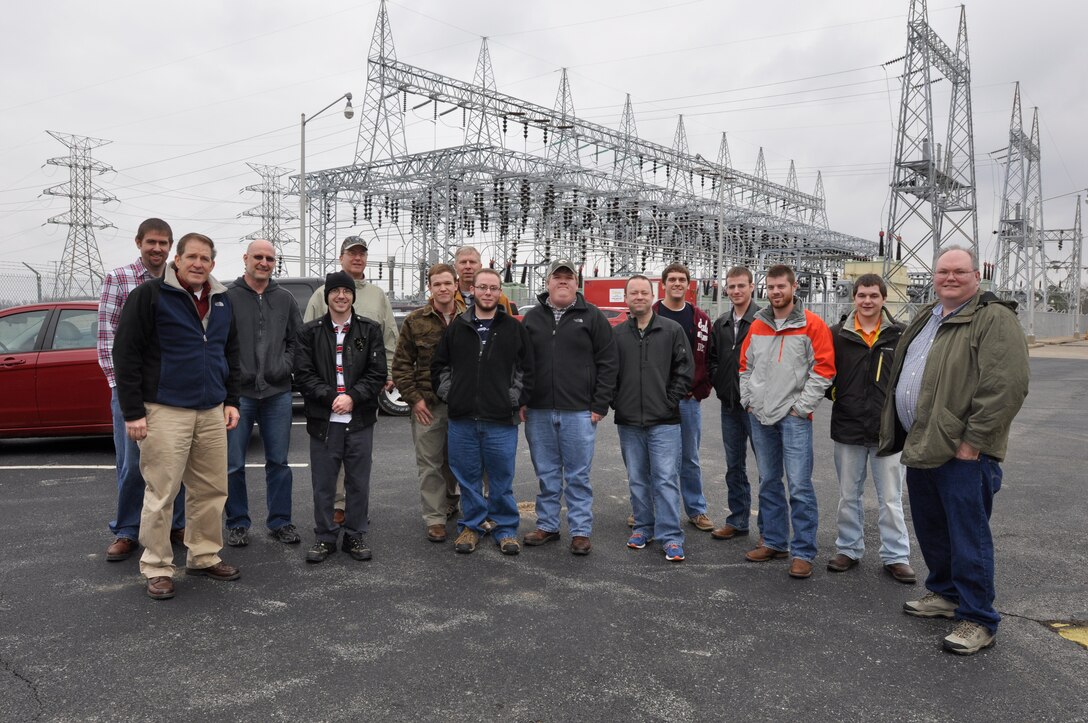 U.S. Army Corps of Engineer, Nashville District employees Michael Looney, Natural Resource Program Manager at the Lake Barkley Resource Center, Bob Sneed, Chief of Water Management and Jamie Holt, a power project specialist at the Lake Barkley power plant welcomed nine Students and four faculty from the University of Tennessee at Martin Hydrology and Hydraulics class for a Science, Technology, Engineering and Math to tour Feb. 28, 2013 at the Lake Barkley Resource Center, Lock and Dam. (USACE Photo by Mark Rankin) 
