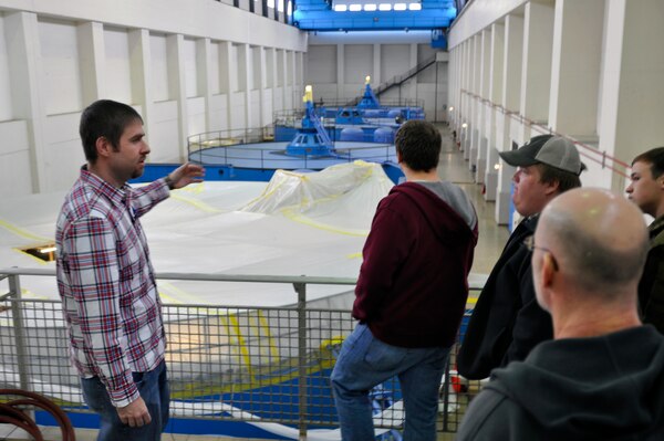 U.S. Army Corps of Engineer, Nashville District employees Jamie Holt, a power project specialist at the Lake Barkley power plant shows students and faculty from University of Tennessee at Martin Hydrology and Hydraulics class maintenance being performed on a generator at the Lake Barkleypower plant Feb. 28, 2013. (USACE Photo by Mark Rankin) 
