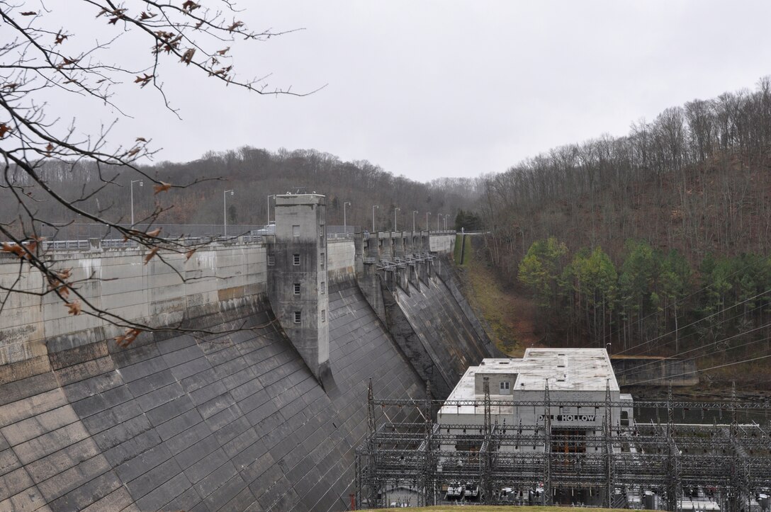 This is Dale Hollow Dam Feb. 26, 2013.  U.S. Army Corps of Engineers Nashville District electricians at Dale Hollow Dam on the Obey river are working on a Sustainability Program Initiative project to replace the contracted local utility power source to the resource managers office, maintenance shops, and transient quarters with direct power from the Dale Hollow Power House. The project also calls for the installation of energy saving LED lights to be installed throughout the Dam area saving money and energy. (USACE phot by Mark Rankin) 