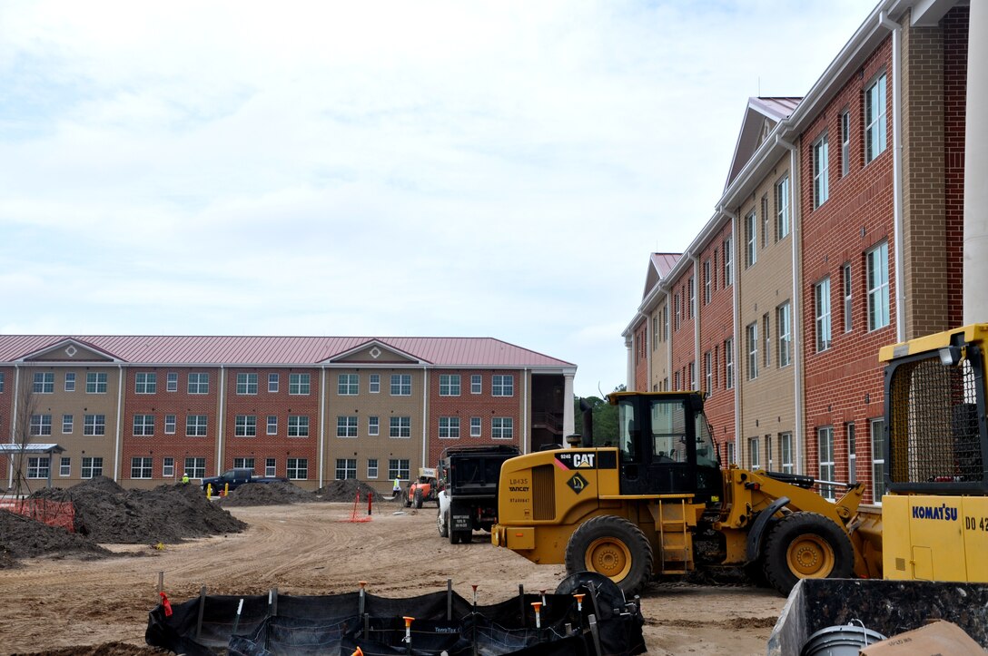 Contractors perform work on a barracks project at Fort Stewart, managed by the U.S. Army Corps of Engineers Savannah District.