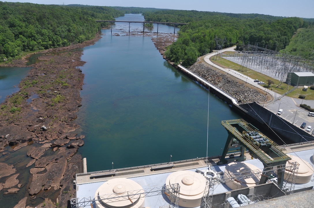 A view looking downstream at the Savannah River from atop the U.S. Army Corps of Engineers' Hartwell Dam.