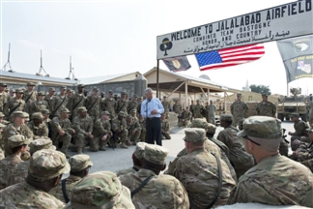 Secretary of Defense Chuck Hagel speaks to troops with the 1/101st Air Assault, in Jalalabad, Afghanistan, on March 9, 2013.  Hagel is in Afghanistan on his first trip as secretary of defense to visit U.S. troops, NATO leaders, and Afghan counterparts.  
