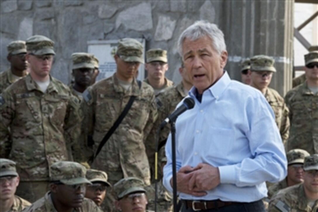 Secretary of Defense Chuck Hagel speaks to troops with the 1/101st Air Assault, in Jalalabad, Afghanistan, on March 9, 2013.  Hagel is in Afghanistan on his first trip as secretary of defense to visit U.S. troops, NATO leaders, and Afghan counterparts.  