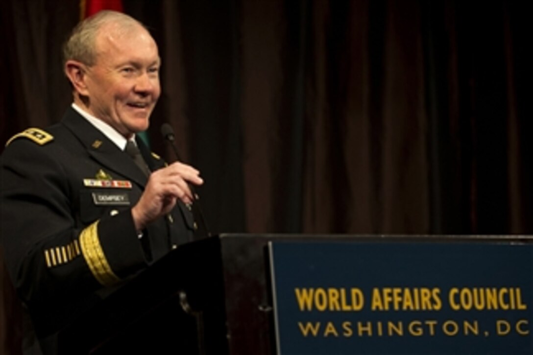 Chairman of the Joint Chiefs of Staff Gen. Martin E. Dempsey delivers the international affairs keynote address at the 2013 World Affairs Council Global Education Gala in Washington, D.C., on March 7, 2013.  The World Affairs Council is a non-profit, non-partisan organization dedicated to expanding awareness among the American public and the international community of geo-political, business, and civil society issues in our inter-connected world.  