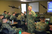 Sgt. Jacob W. Dofner, a McClelland, Iowa, native and an instructor with Battle Skills Training School, 2nd Marine Logistics Group, gives a classroom lecture aboard Camp Lejeune, N.C., Feb. 27, 2013, during a week-long training period. Marines with Engineer Operation Company, Marine Wing Support Squadron 274, out of Marine Corps Air Station Cherry Point, N.C., learned how to breach and clear rooms, and then later that day performed practical applications on simulated rooms. 