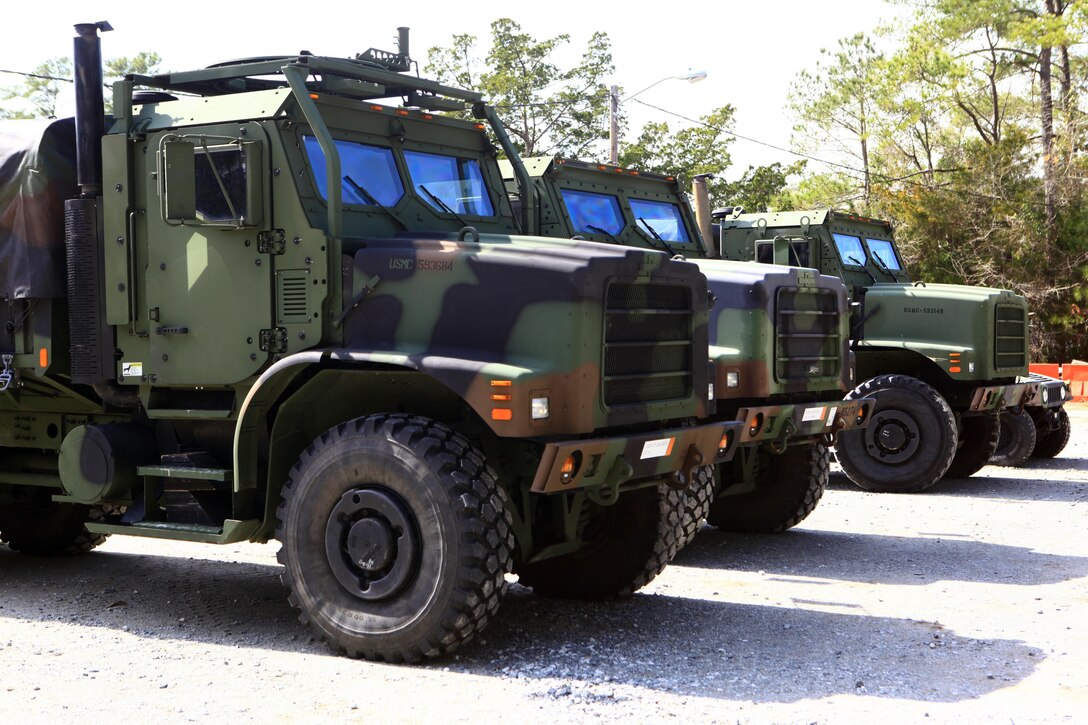 Medium Tactical Vehicle Replacements sit outside Battle Skills Training School aboard Camp Lejeune, N.C., Feb. 27, 2013. The BSTS instructors with 2nd Marine Logistics Group hosted a week-long training session for more than 70 Marines from Marine Wing Support Squadron 274. 