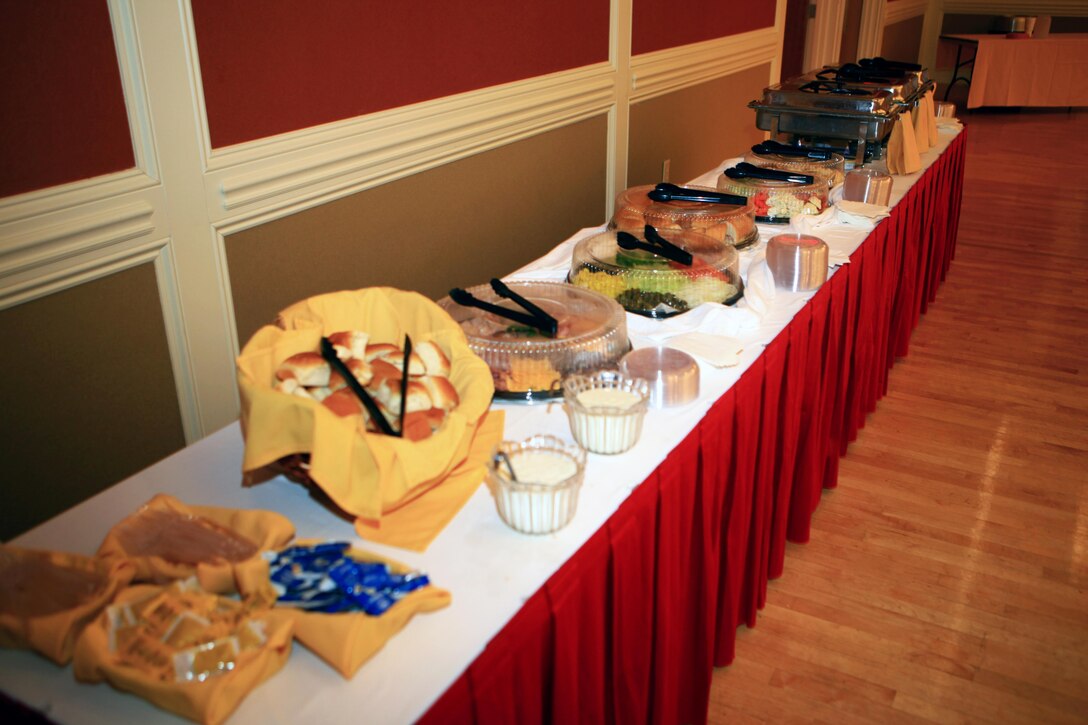 A food display sits on a table during a meet and greet at Marston Pavilion aboard Camp Lejeune, N.C., Feb. 27, 2013. Servicemembers and their families with Combat Logistics Regiment 27, 2nd Marine Logistics Group shook hands and socialized with Col. Gary F. Keim, the commanding officer of the regiment. 
