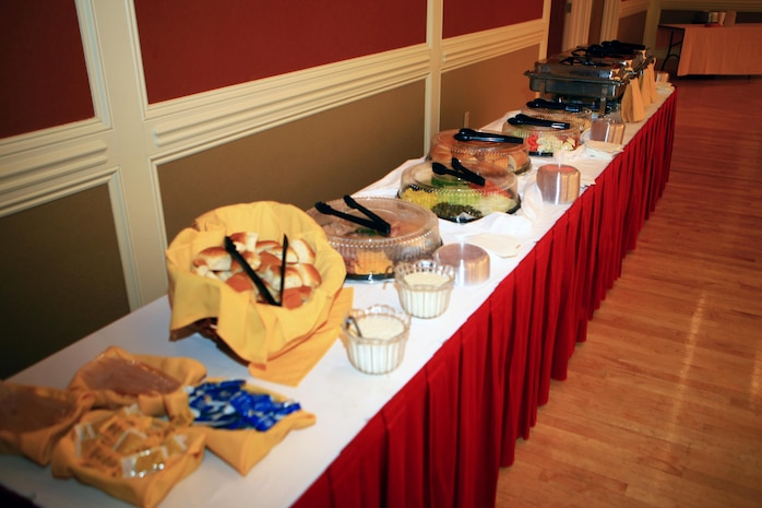 A food display sits on a table during a meet and greet at Marston Pavilion aboard Camp Lejeune, N.C., Feb. 27, 2013. Servicemembers and their families with Combat Logistics Regiment 27, 2nd Marine Logistics Group shook hands and socialized with Col. Gary F. Keim, the commanding officer of the regiment.

