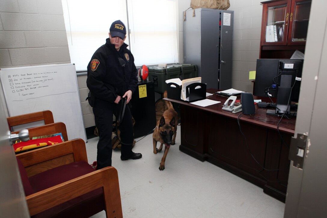 Military working dogs sniffed every nook and cranny of each room, office and common area at the barracks of 8th Engineer Support Battalion aboard Marine Corps Base Camp Lejeune, along with four parking lots and approximately 200 cars while searching for illegal drugs and contraband during a health-and-comfort inspection March 4. Law Enforcement assets, such as the military working dogs, offered an advantage to the inspections. The dogs have at a minimum a 90 percent accuracy rate when seeking narcotics and many are even more proficient.