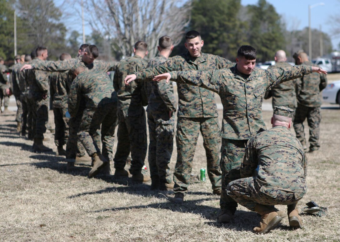 Marines were searched for contraband during a health-and-comfort inspection at the barracks of 8th Engineer Support Battalion aboard Marine Corps Base Camp Lejeune March 4. The health-and-comfort inspection was conducted by the commanding officer of 8th ESB with support from the Provost Marshall’s Office, 2nd Law Enforcement Battalion, Jacksonville Police Department and the base’s Special Response Team.