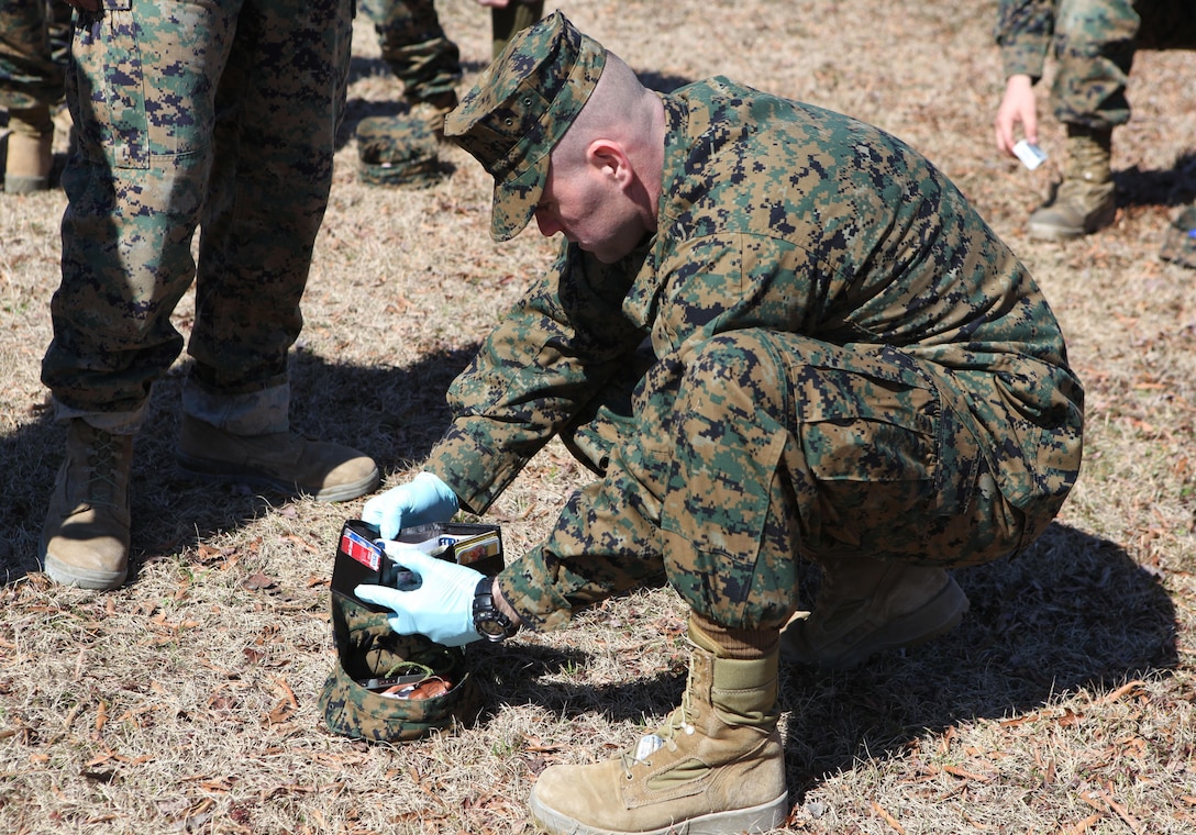 Marines were searched for contraband during a health-and-comfort inspection at the barracks of 8th Engineer Support Battalion aboard Marine Corps Base Camp Lejeune March 4. The health-and-comfort inspection was conducted by the commanding officer of 8th ESB with support from the Provost Marshall’s Office, 2nd Law Enforcement Battalion, Jacksonville Police Department and the base’s Special Response Team.