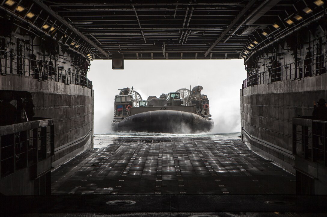 A landing craft air cushion enters the well deck of the USS Green Bay, March 9. The 15th MEU is deployed as part of the Peleliu Amphibious Ready Group as a U.S. Central Command theatre reserve force, providing support for maritime security operations and theatre security cooperation efforts in the U.S. 5th Fleet area of responsibility. (U.S. Marine Corps photo by Cpl. Bobby J. Gonzalez/Released)