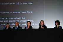 A panel of experts briefed Marine Corps Systems Command employees and answered questions about the sequestration and possible furlough during a command town hall March 8. The panel, from left, included Denise Gillis, Marine Corps Base Quantico associate counsel for labor and employment; Tim Wagner, MCSC director of Security; Erica Smith, Headquarters Marine Corps Human Resources and Organizational Management; Shelly Dunphy, MCSC Workforce, Management and Development business manager; and Michelle Cresswell, MCSC deputy commander for Resource Management and a new member of the senior executive service. 