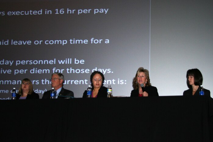 A panel of experts briefed Marine Corps Systems Command employees and answered questions about the sequestration and possible furlough during a command town hall March 8. The panel, from left, included Denise Gillis, Marine Corps Base Quantico associate counsel for labor and employment; Tim Wagner, MCSC director of Security; Erica Smith, Headquarters Marine Corps Human Resources and Organizational Management; Shelly Dunphy, MCSC Workforce, Management and Development business manager; and Michelle Cresswell, MCSC deputy commander for Resource Management and a new member of the senior executive service. 