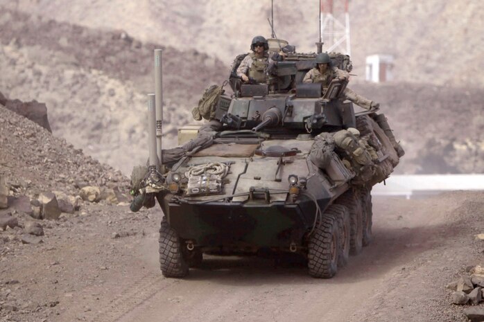 Marines with Battalion Landing Team 3/1, 11th Marine Expeditionary Unit, participate in a motorized light armored vehicle training patrol in Djbouti in 2012.
