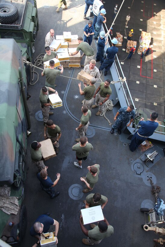 Marines and sailors aboard the USS Rushmore conduct a replenishment at-sea, receiving 10 pallets of food from the USS Peleliu by Landing Craft Utility, March 8. The 15th MEU is deployed as part of the Peleliu Amphibious Ready Group as a U.S. Central Command theater reserve force, providing support for maritime security operations and theater security cooperation efforts in the U.S. 5th Fleet area of responsibility. (U.S. Marine Corps photo by Cpl. Timothy R. Childers/ Released