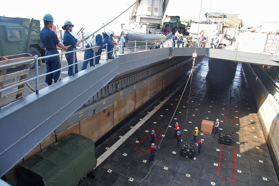 Sailors aboard the USS Rushmore conduct a replenishment at sea, receiving 10 pallets of food from the USS Peleliu by Landing Craft Utility, March 8. The 15th Marine Expeditionary Unit is deployed as part of the Peleliu Amphibious Ready Group as a U.S. Central Command theater reserve force, providing support for maritime security operations and theater security cooperation efforts in the U.S. 5th Fleet area of responsibility. (U.S. Marine Corps photo by Cpl. Timothy R. Childers/ Released)