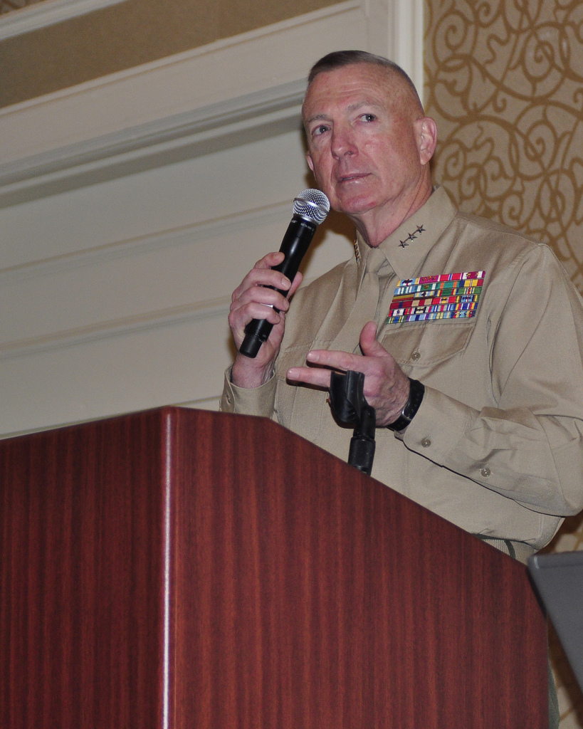 Lt. Gen. Steven A. Hummer, commander of Marine Forces Reserve and Marine Forces North, speaks to the attendees of an Individual Ready Reserve mega-muster at the Hilton Alexandria Mark Center, March 9. "We are here for you," he said. "We are here to make sure you have the information you need to carry out your life." The muster, attended by 935 Individual Ready Reserve Marines, one is one of 11 held annually in order to meet the Marine Corps Title X responsibilities to ensure members of the IRR are administratively capable of reintegration and that their contact information is current. 