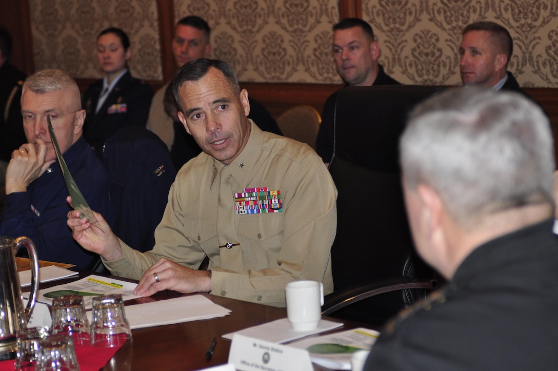 Brig. Gen. Paul K. Lebidine, commanding general of Force Headquarters Group, Marine Forces Reserve, briefs Gen. Frank Grass, chief of the National Guard Bureau, on the importance of Individual Ready Reserve mega-musters and how the Marine Corps conducts them, March 9. The Marine Corps is currently the only branch that holds IRR, multi-regional mega-musters where information on health, education, and employment is provided. 